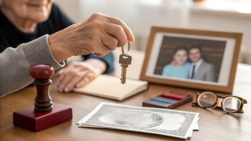 an old woman holding a key in the hand