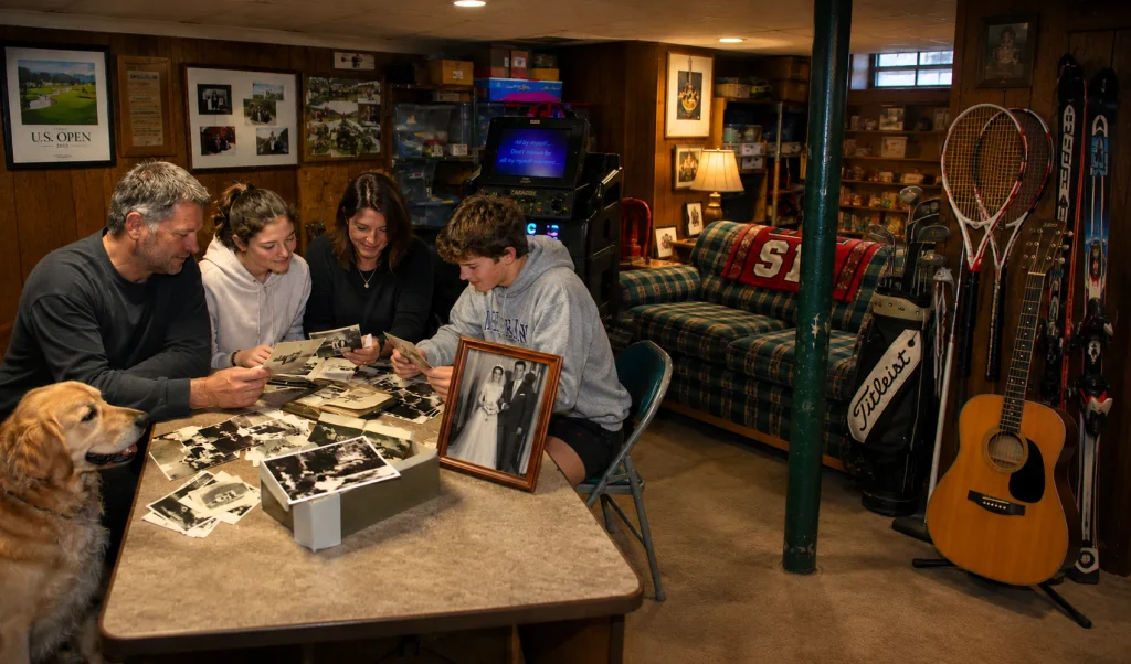 family members looking at old photos together