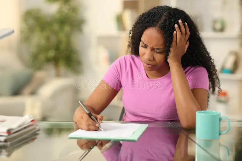 upset woman writing on a paper pad