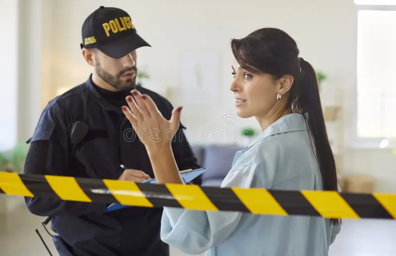 a woman an a police offices talking