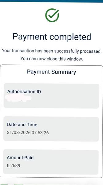 screenshot of a completed payment