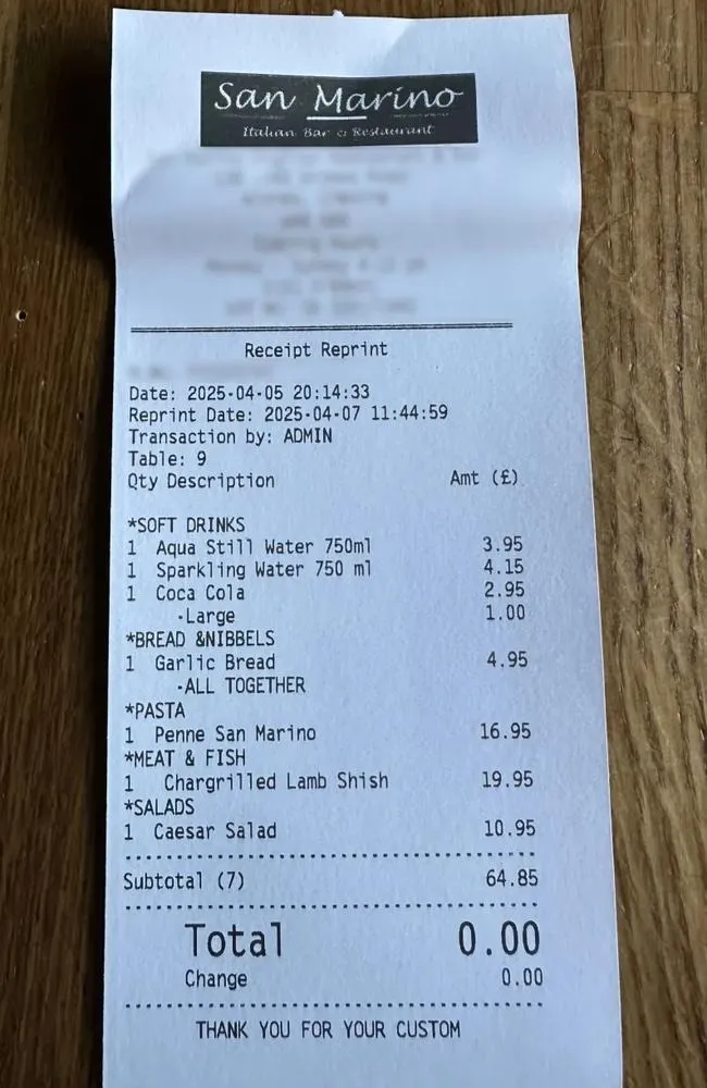 retaurant bill