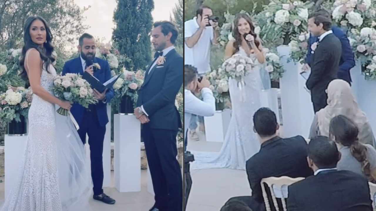 bride and groom at wedding during the vows